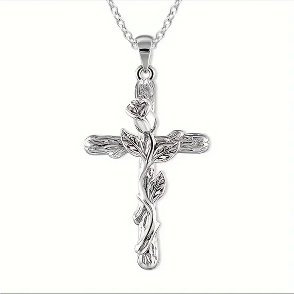 Jewelry - Silver Cross Necklace with Ornate Vine Design